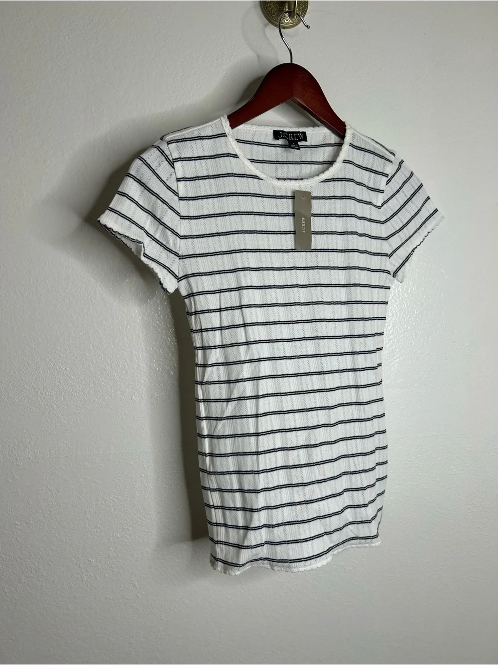 NWT J. Crew 100% Cotton Pointelle Knit White Black Striped Crew Neck T - Shirt